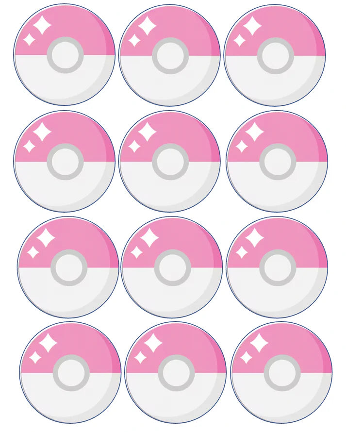 Pink Pokemon Pokeball Edible Cupcake Toppers Icing Sheet or Wafer Paper
