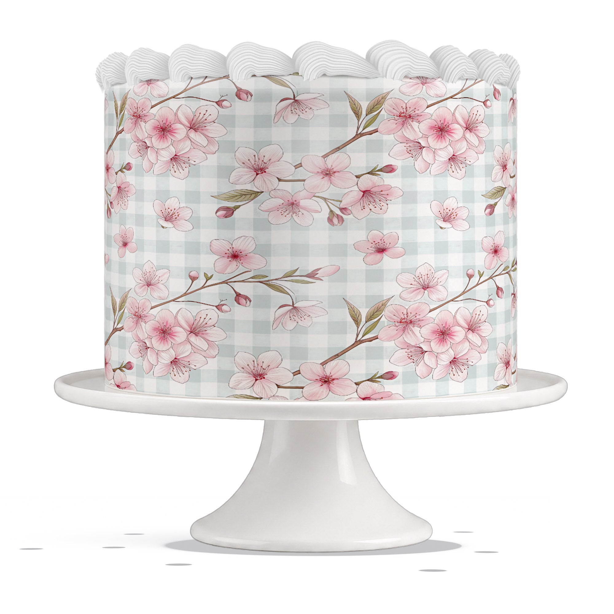 Pink Sakura Blossoms Blue Gingham Edible Cake Wrap Strip – Icing - Edible Cake Topper | Icing Sheet | Birthday Cake Decoration