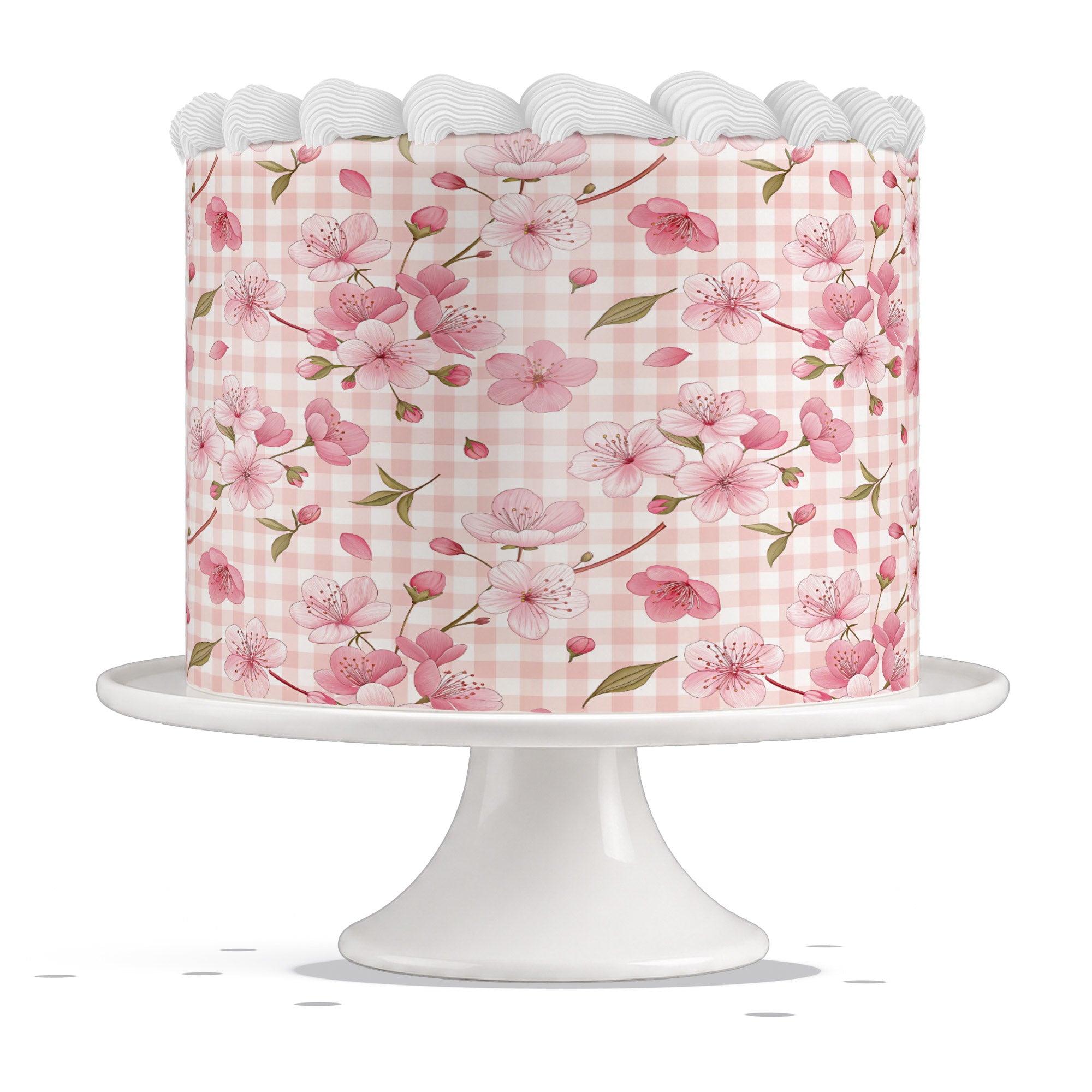 Pink Sakura Blossoms Pink Gingham Edible Cake Wrap Strip – Icing - Edible Cake Topper | Icing Sheet | Birthday Cake Decoration