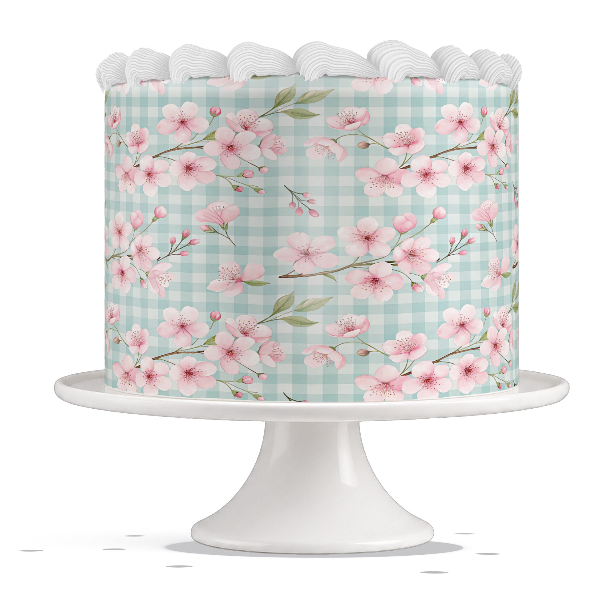 Pink Sakura Cherry Blossom Mint Gingham Edible Cake Wrap Strip – - Edible Cake Topper | Icing Sheet | Birthday Cake Decoration
