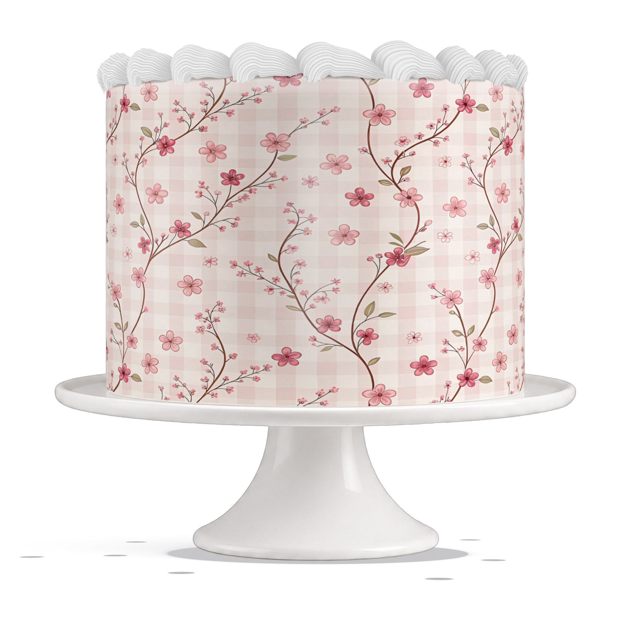 Pink Sakura Floral Gingham Edible Cake Wrap Strip – Icing Sheet C - Edible Cake Topper | Icing Sheet | Birthday Cake Decoration