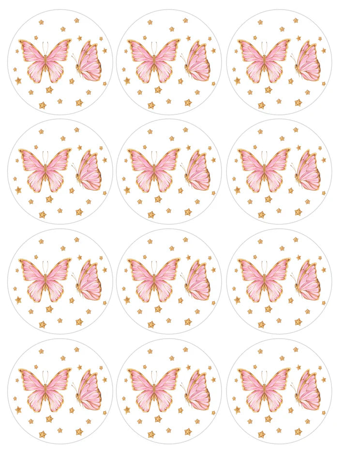 Pink and Gold Butterflies Duo with Stars Edible Cupcake Toppers Icing Sheet or Wafer Paper