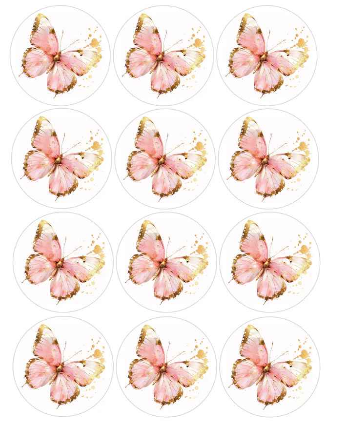 Pink and Gold Butterfly Splatter Edible Cupcake Toppers Icing Sheet or Wafer Paper