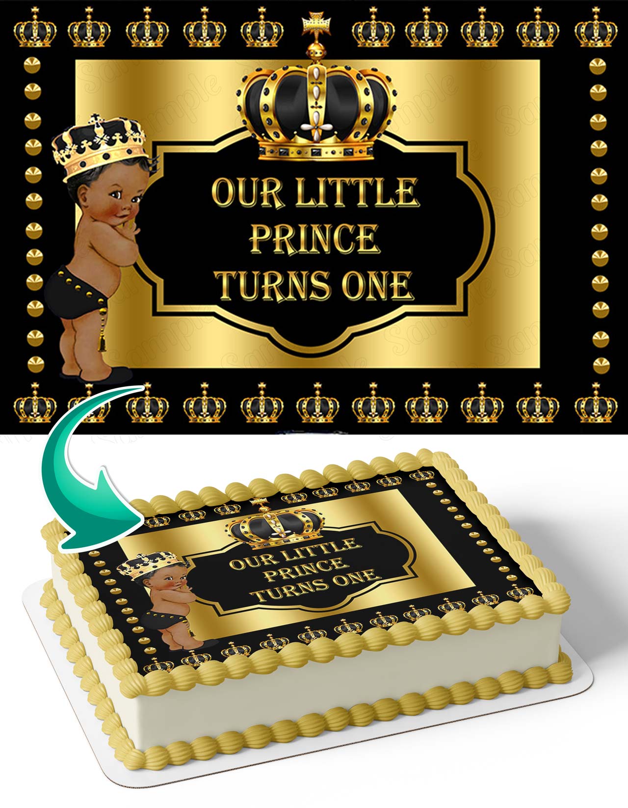 Prince 1st Birthday African American Gold Crown PBB Edible Cake Topper