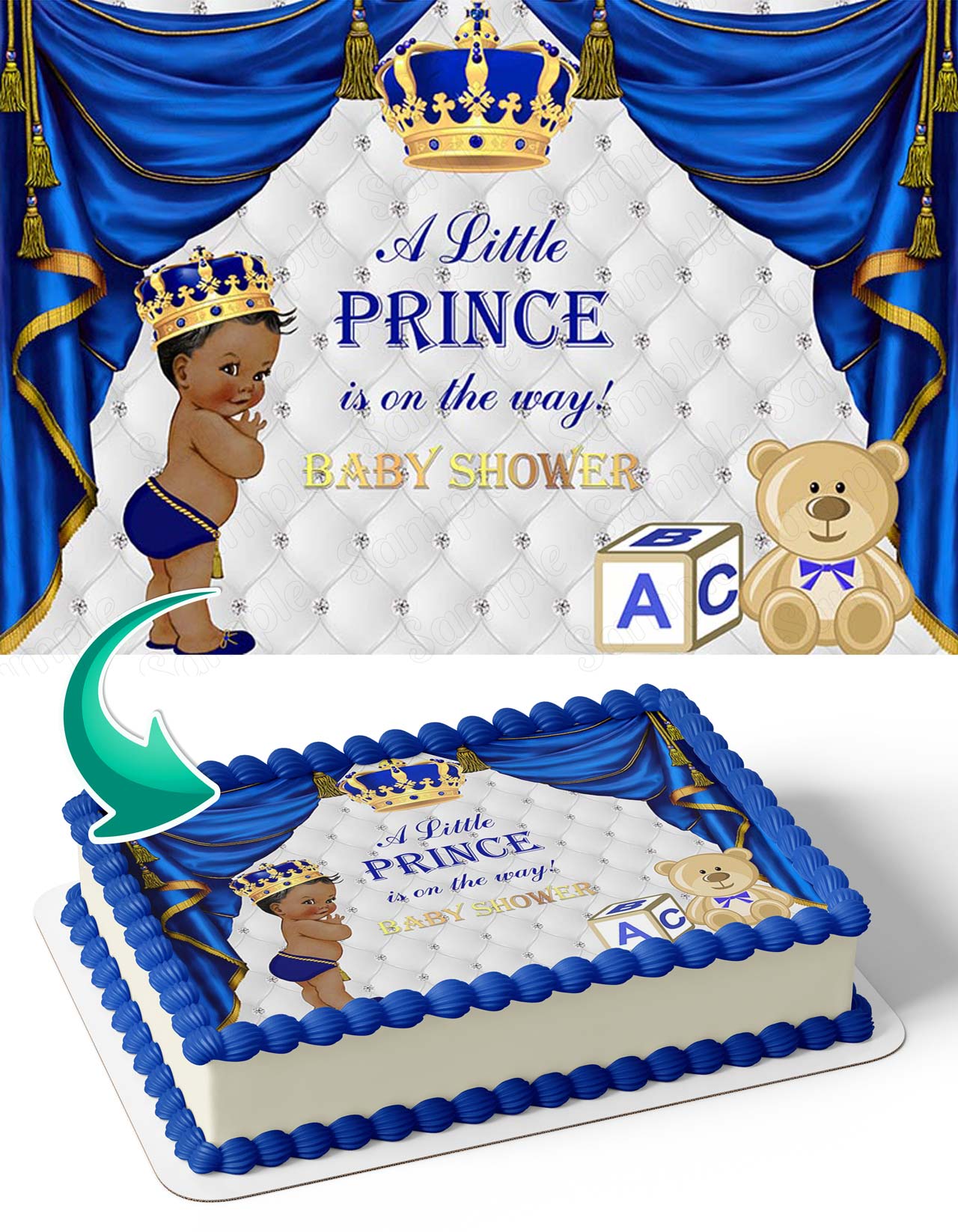 Prince Baby Shower Crown Royal Blue African American PBB Edible Cake Topper