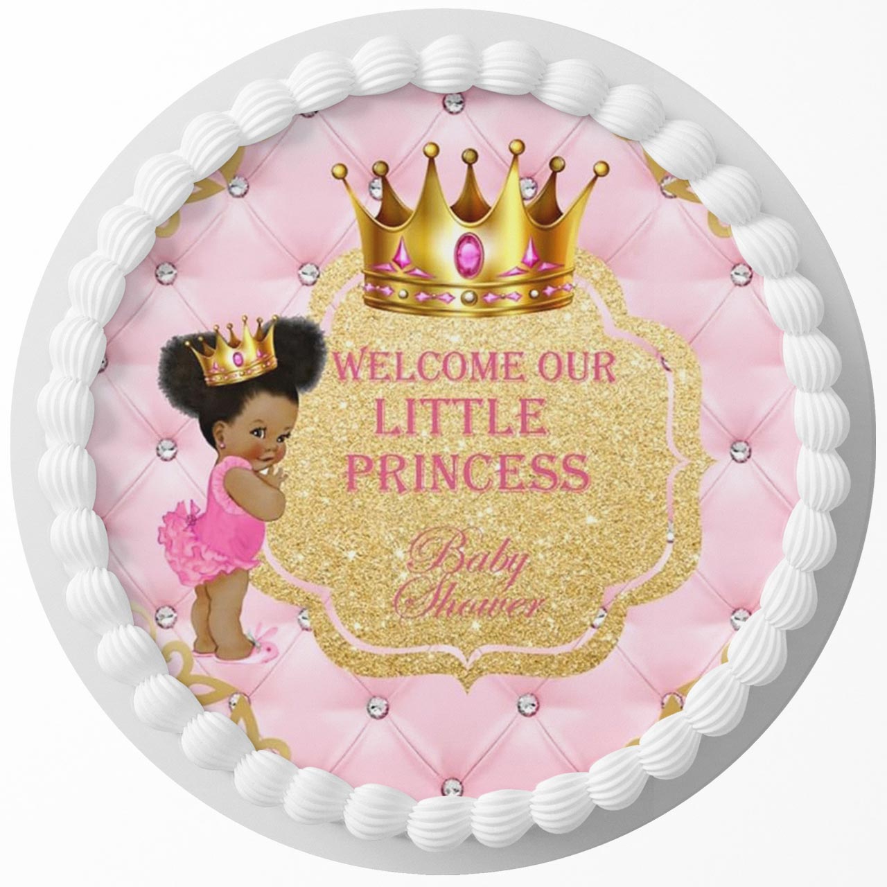 Princess Baby Shower Afro American Pink Round – Icing Sheet Birth - Personalized Edible Cake Topper | Custom Icing Sheet | Birthday Cake Decoration
