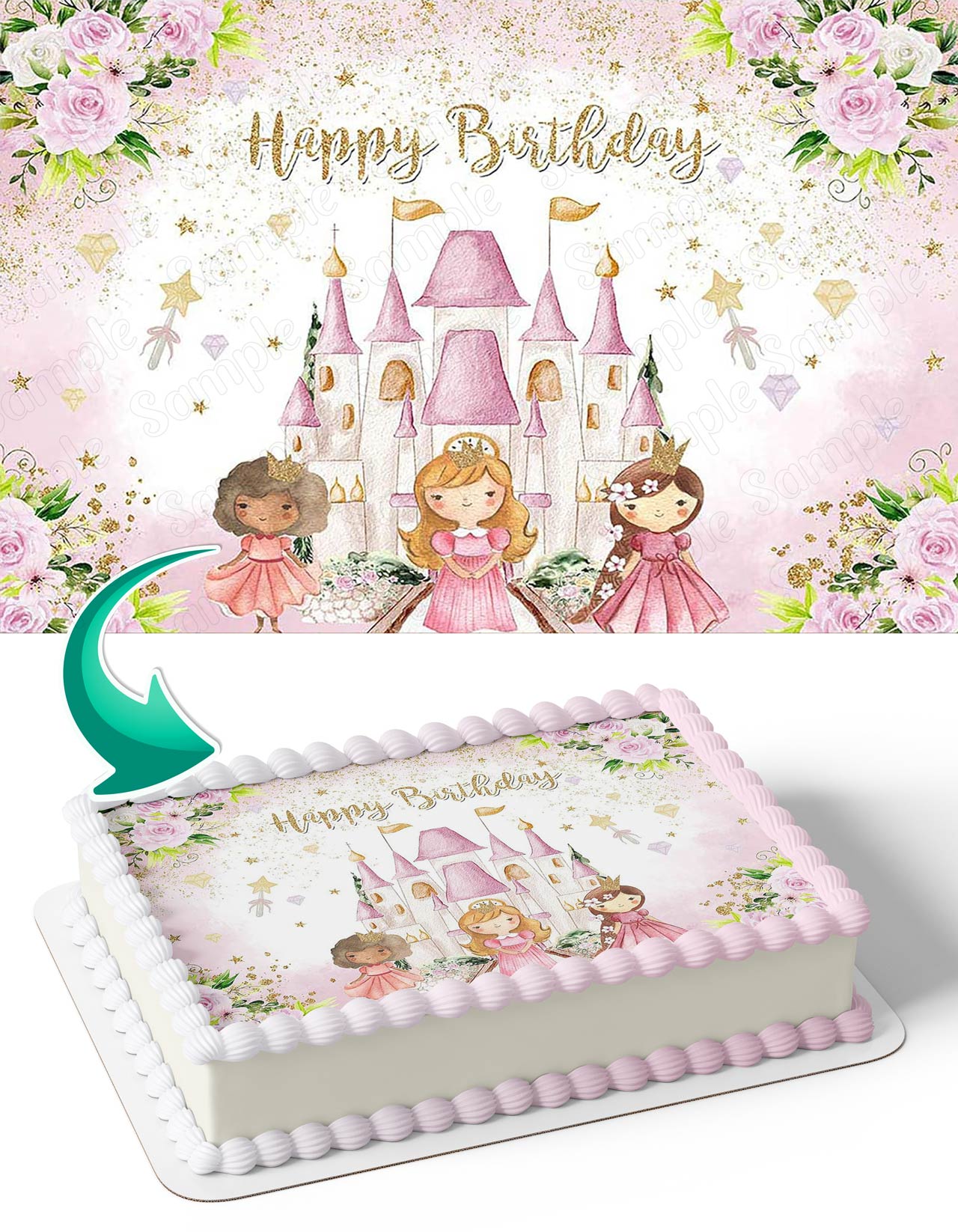 Princess Castle Floral Sweet Girls Edible Cake Topper