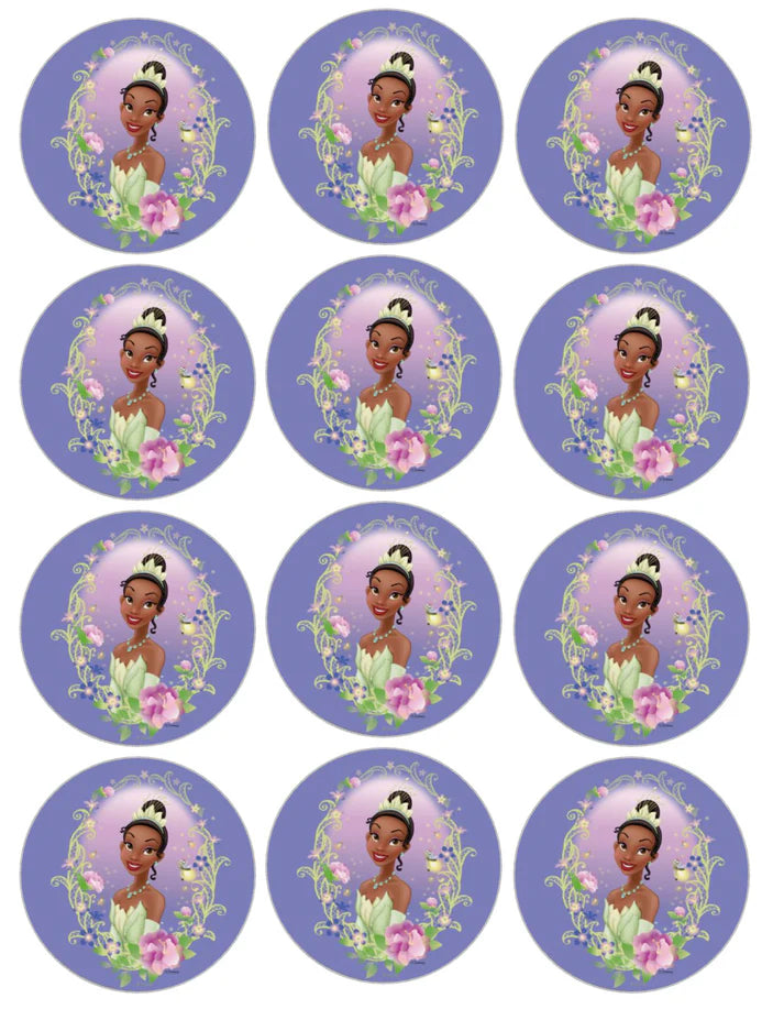 Princess Tiana Floral Frame Edible Cupcake Toppers Icing Sheet or Wafer Paper