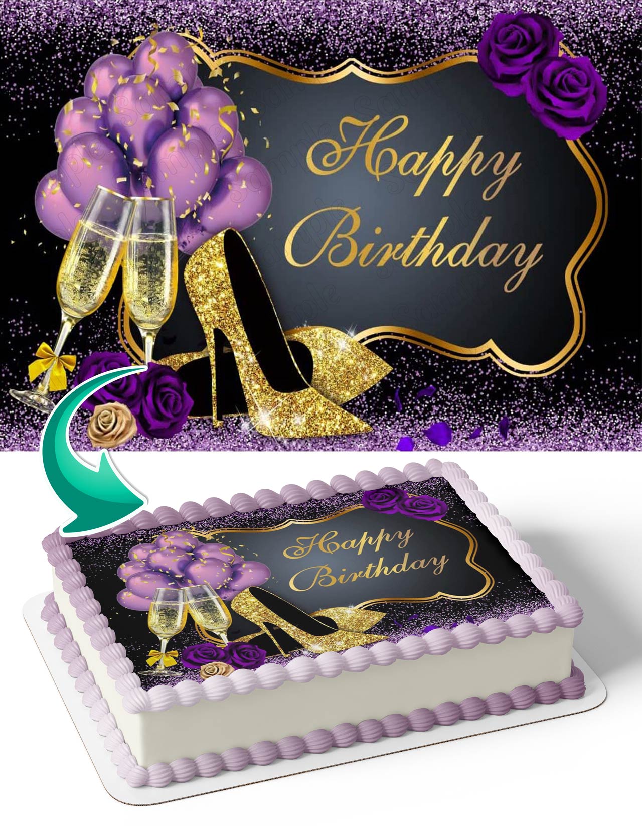 Purple Gold Champagne Glitter Shoes Edible Cake Topper