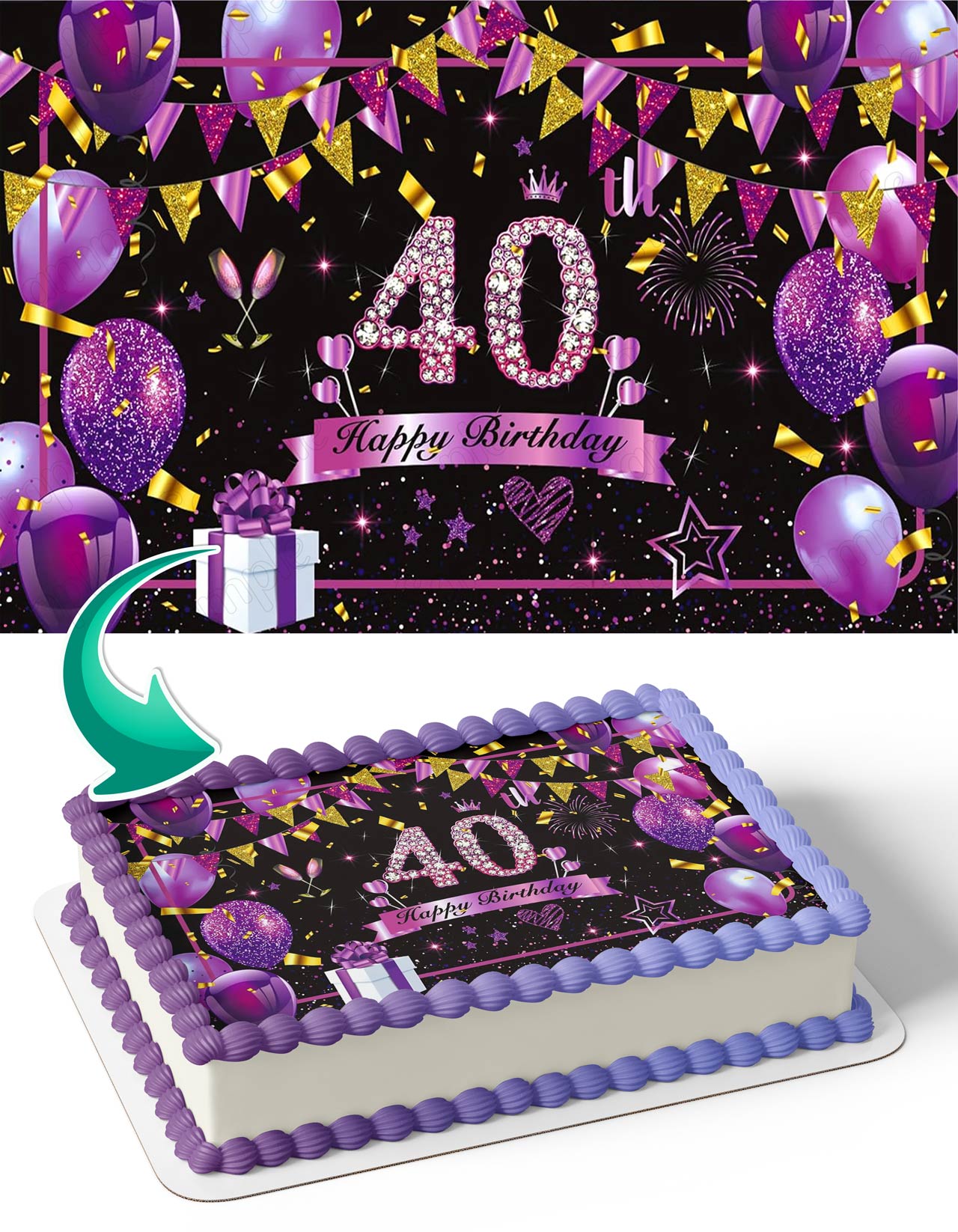 Purple Black Gold 40 Glitter Edible Cake Topper
