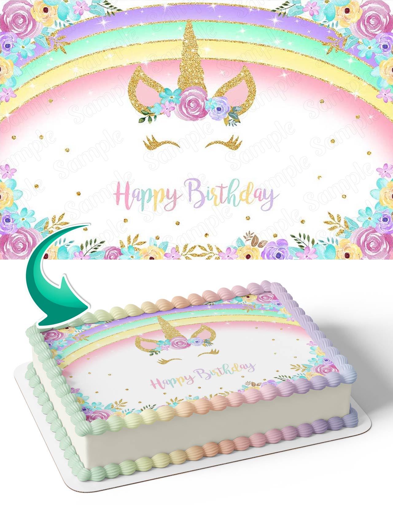 Rainbow Gold Unicorn Glitter Floral Edible Cake Topper