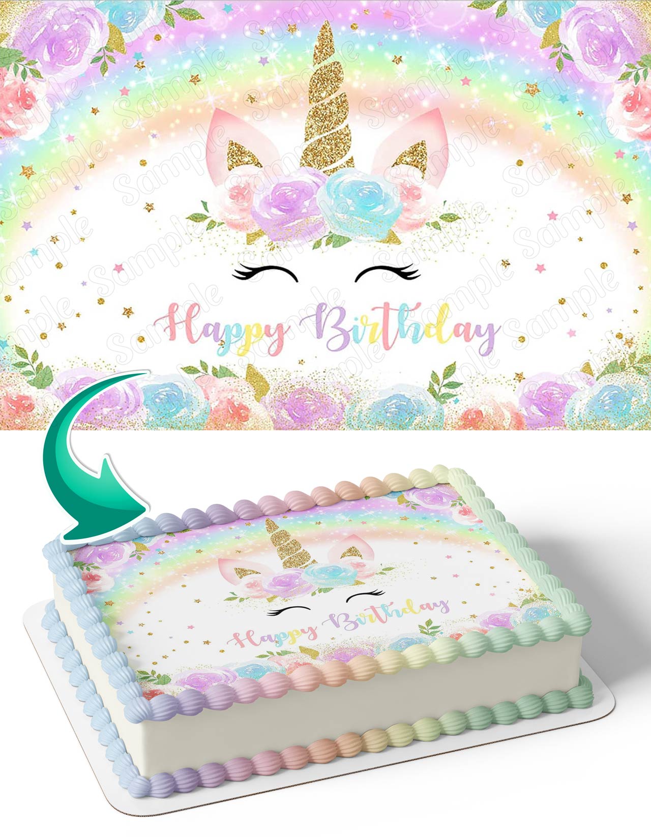 Rainbow Unicorn Glitter Watercolor Floral Gold Edible Cake Topper