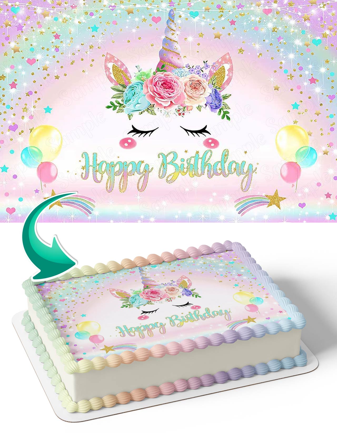Rainbow Unicorn Pink Glitter Stars Floral Glitter URS Edible Cake Topper