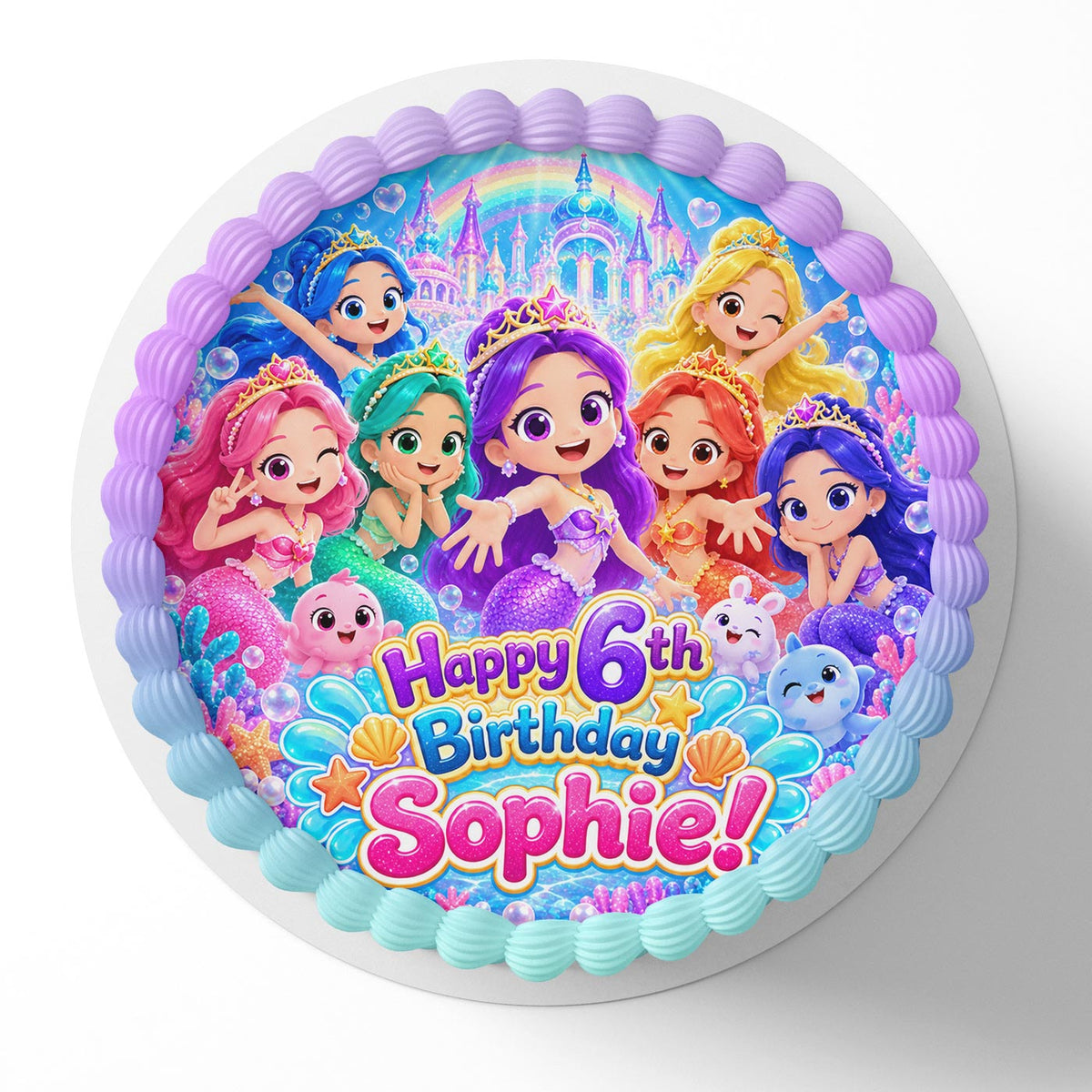 Rainbow Bubblegem Mermaid Girls Edible Cake Topper | Birthday Cake Decoration | Photo Cake Image | Custom Edible Cake Topper