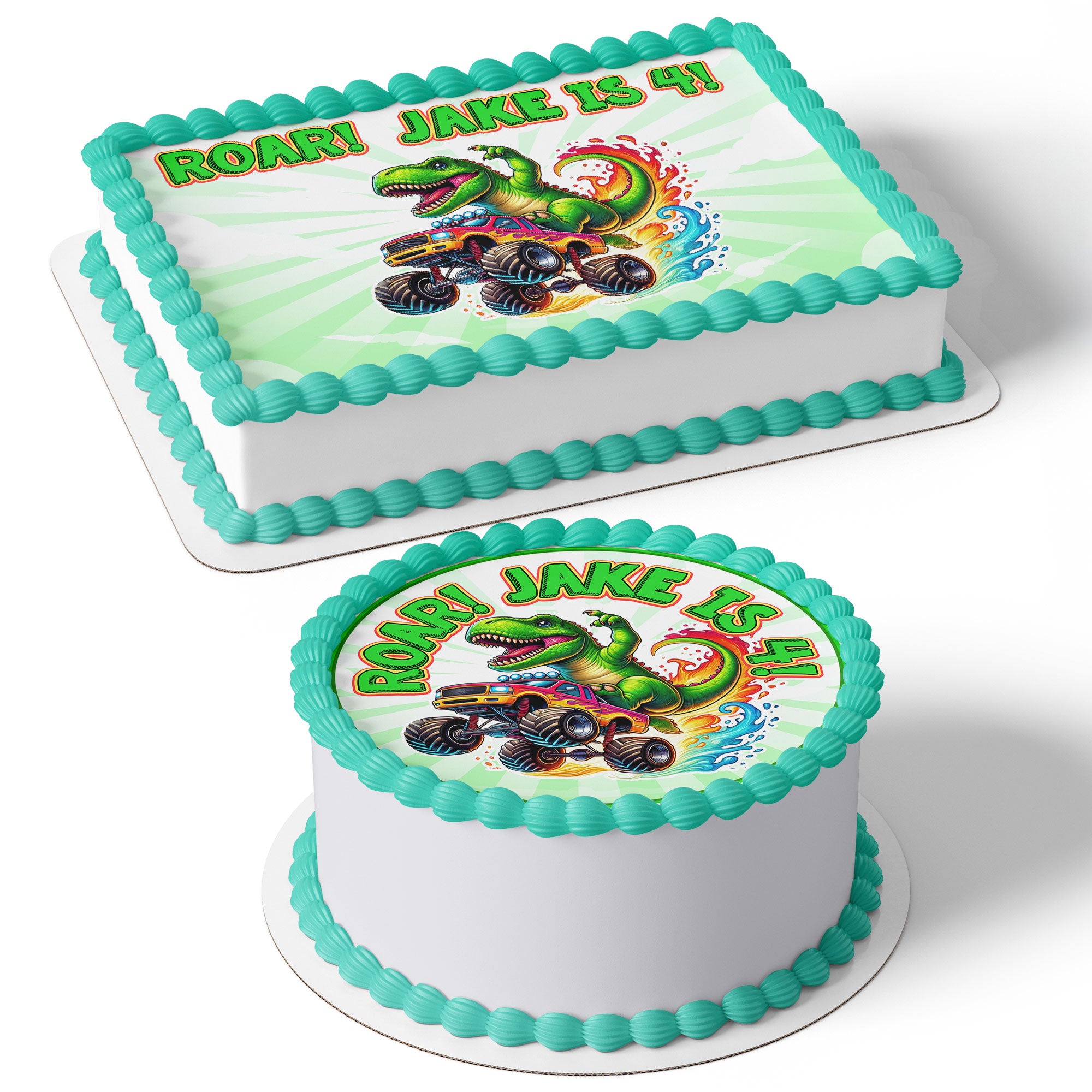 Roar Trex Monster Truck Dinosaur – Icing Sheet - Personalized Edible Cake Topper | Custom Icing Sheet | Birthday Cake Decoration | Photo Cake Image