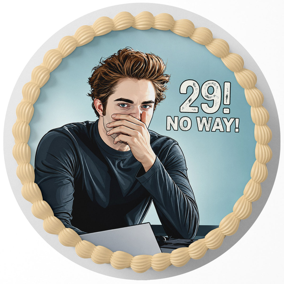 Robert Pattinson 29 No Way Twilight Meme Edible Cake Topper Round Personalized Edible Cake Topper | Custom Icing Sheet | Birthday Cake Decoration