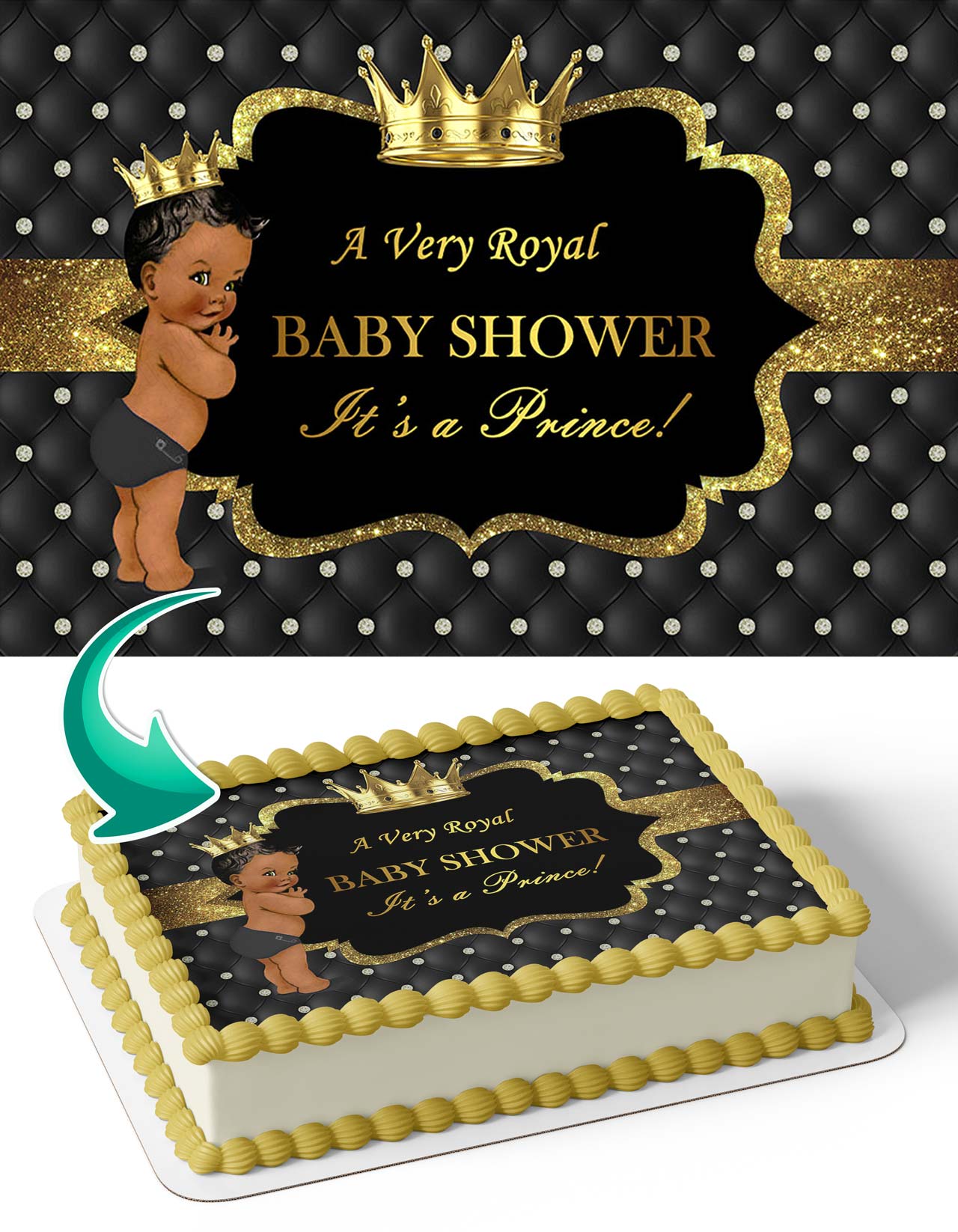 Royal Black Gold Baby Shower Its a Prince African American RBS Edible Cake Topper