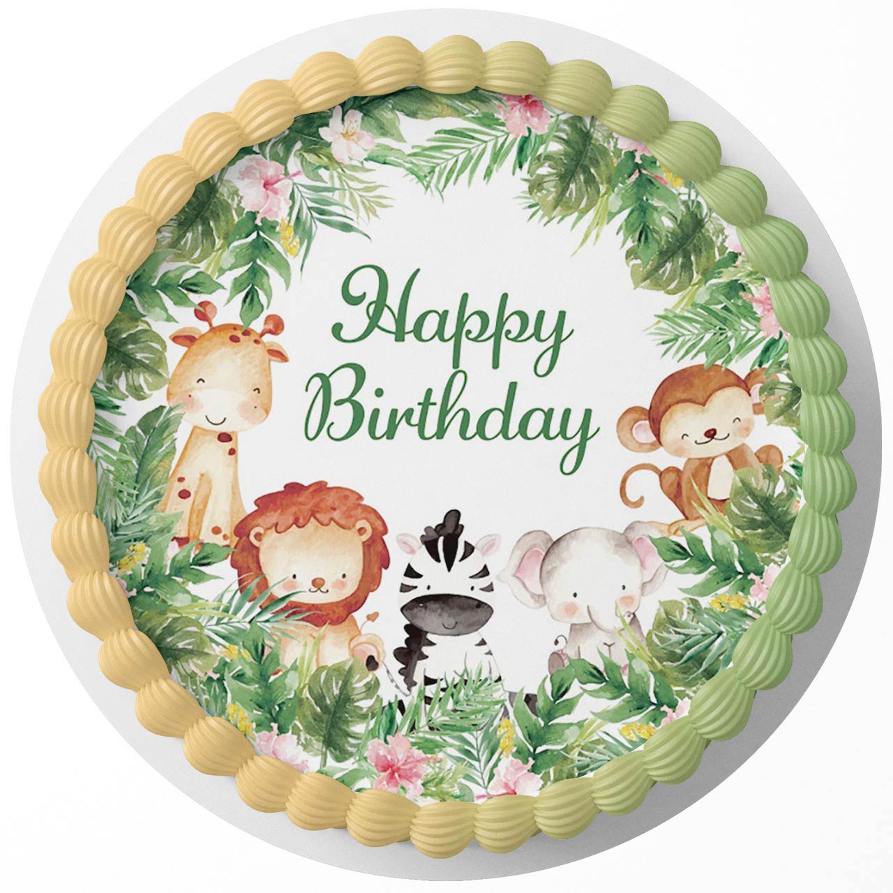 Safari Wild Jungle Green Pink PGS Round – Icing Sheet Birthday - Personalized Edible Cake Topper | Custom Icing Sheet | Birthday Cake Decoration