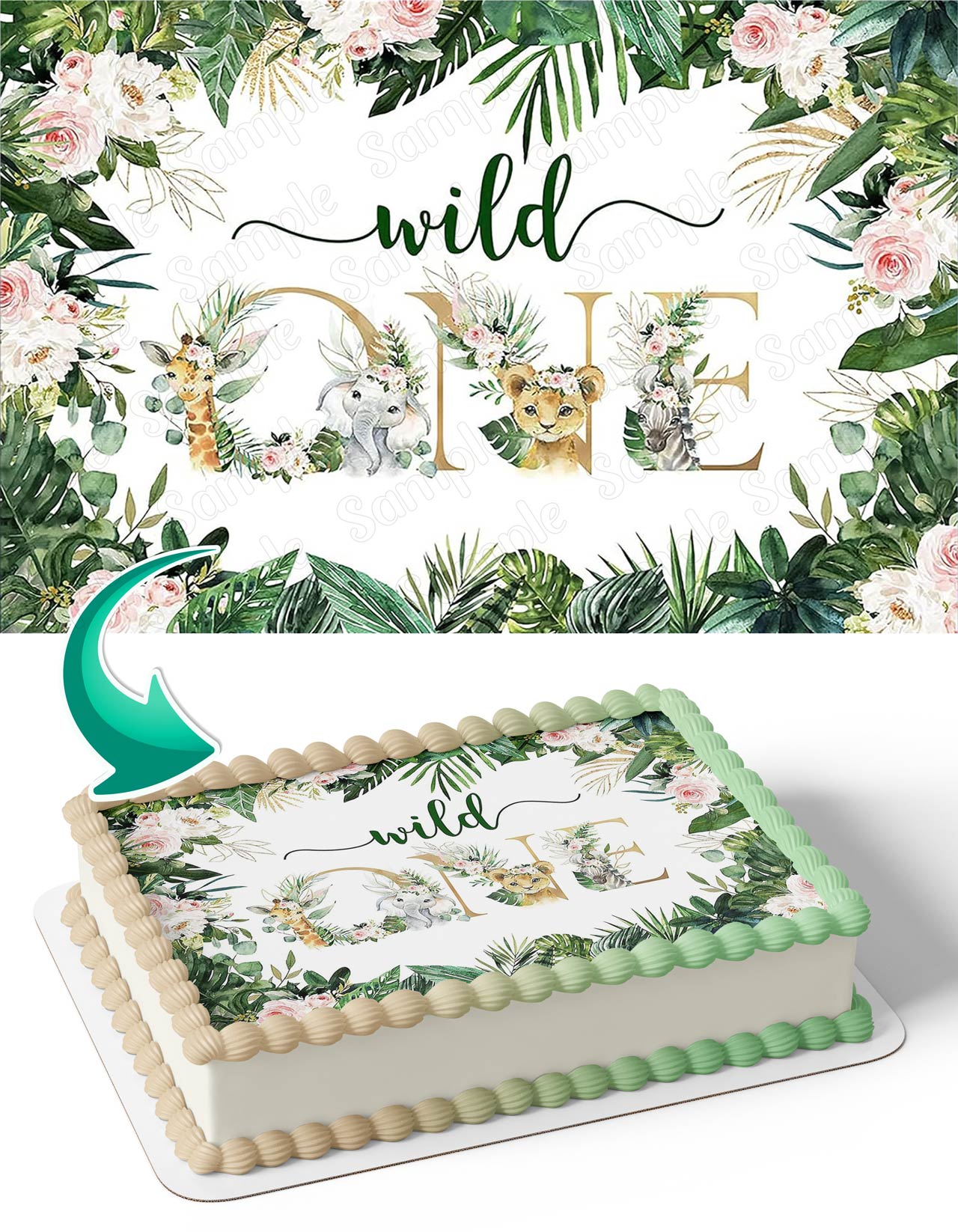 Safari Wild One Jungle Zoo Animals Green Leaves Edible Cake Topper