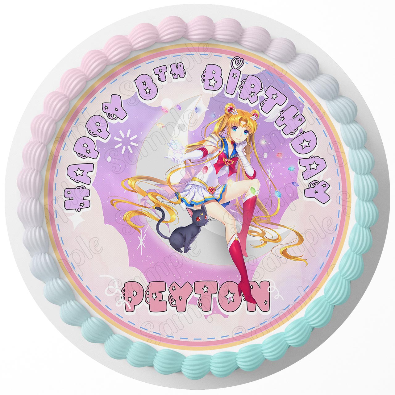 Sailor Girls Fun Moon Round – Icing Sheet Birthday - Personalized Edible Cake Topper | Custom Icing Sheet | Birthday Cake Decoration
