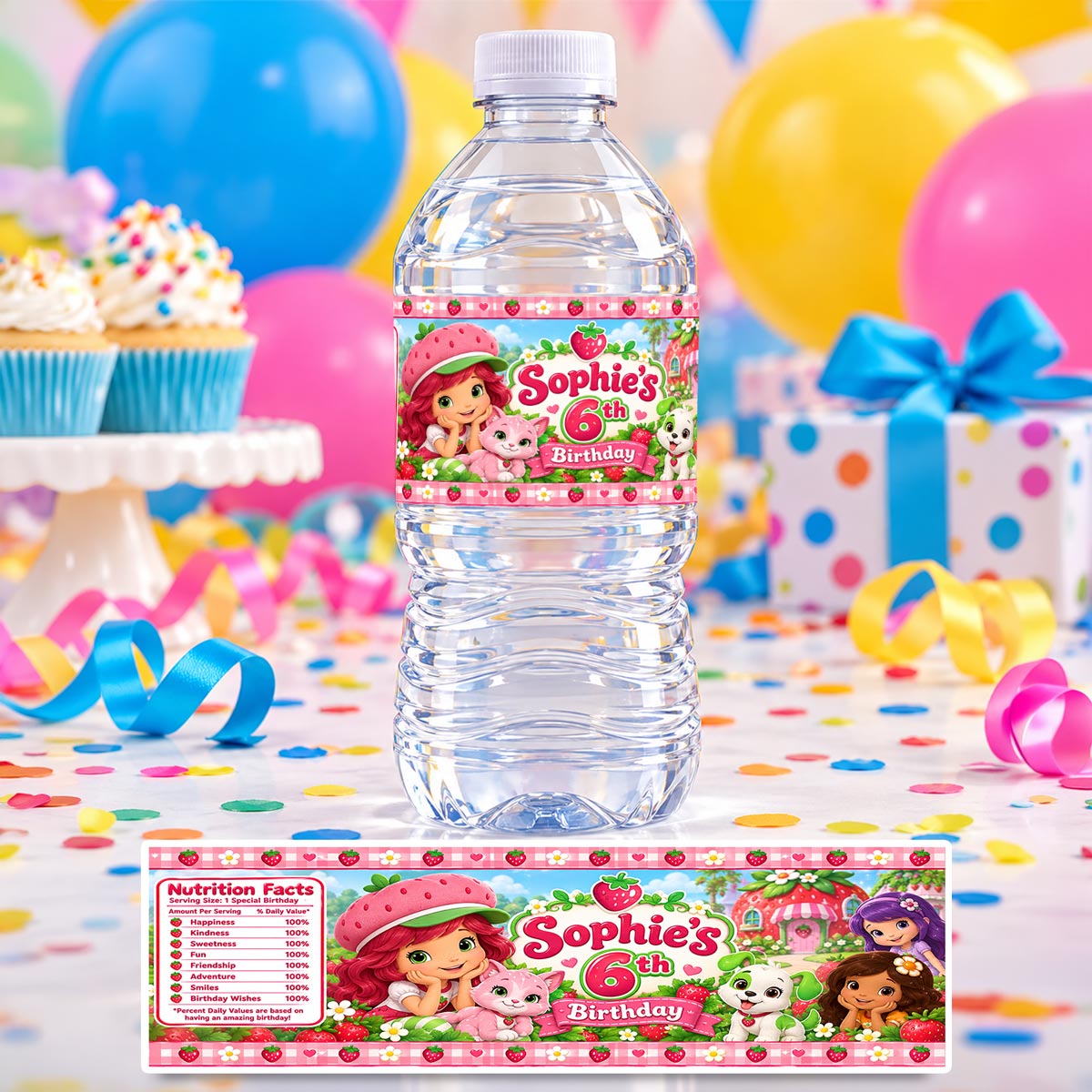 Custom Strawberry Shortcake Water Bottle Label Birthday Decor Self Stick Wrapper