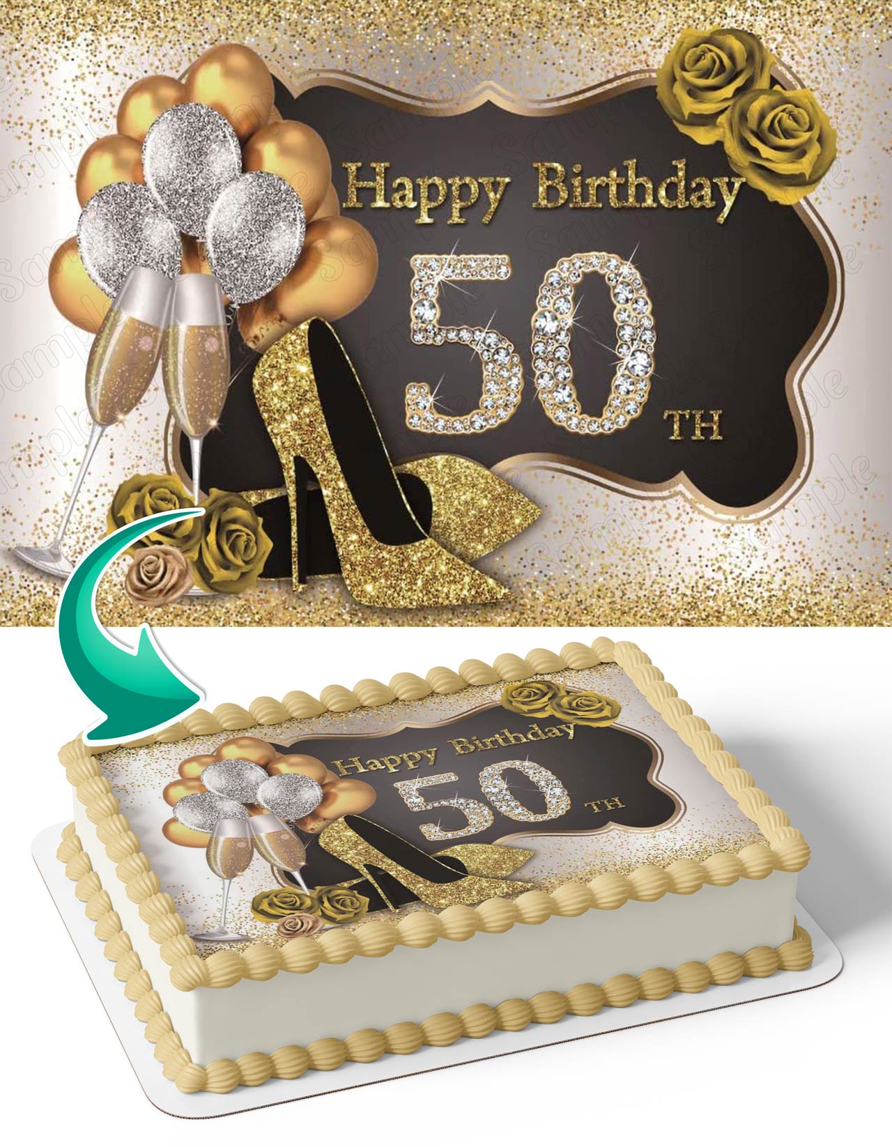 Silver And Gold Champagne Balloons Glitter Shoes 50th 60th 70th 80th Edible Cake Topper