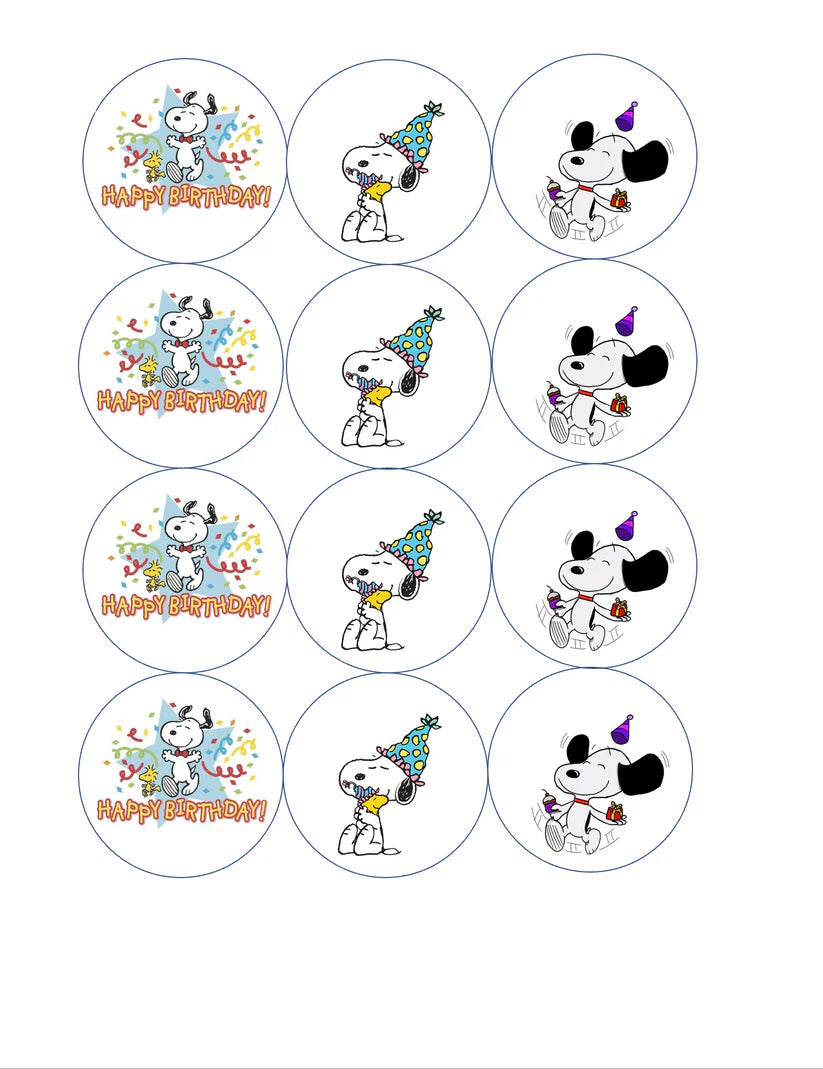 Snoopy Happy Birthday Edible Cupcake Toppers Icing Sheet or Wafer Paper