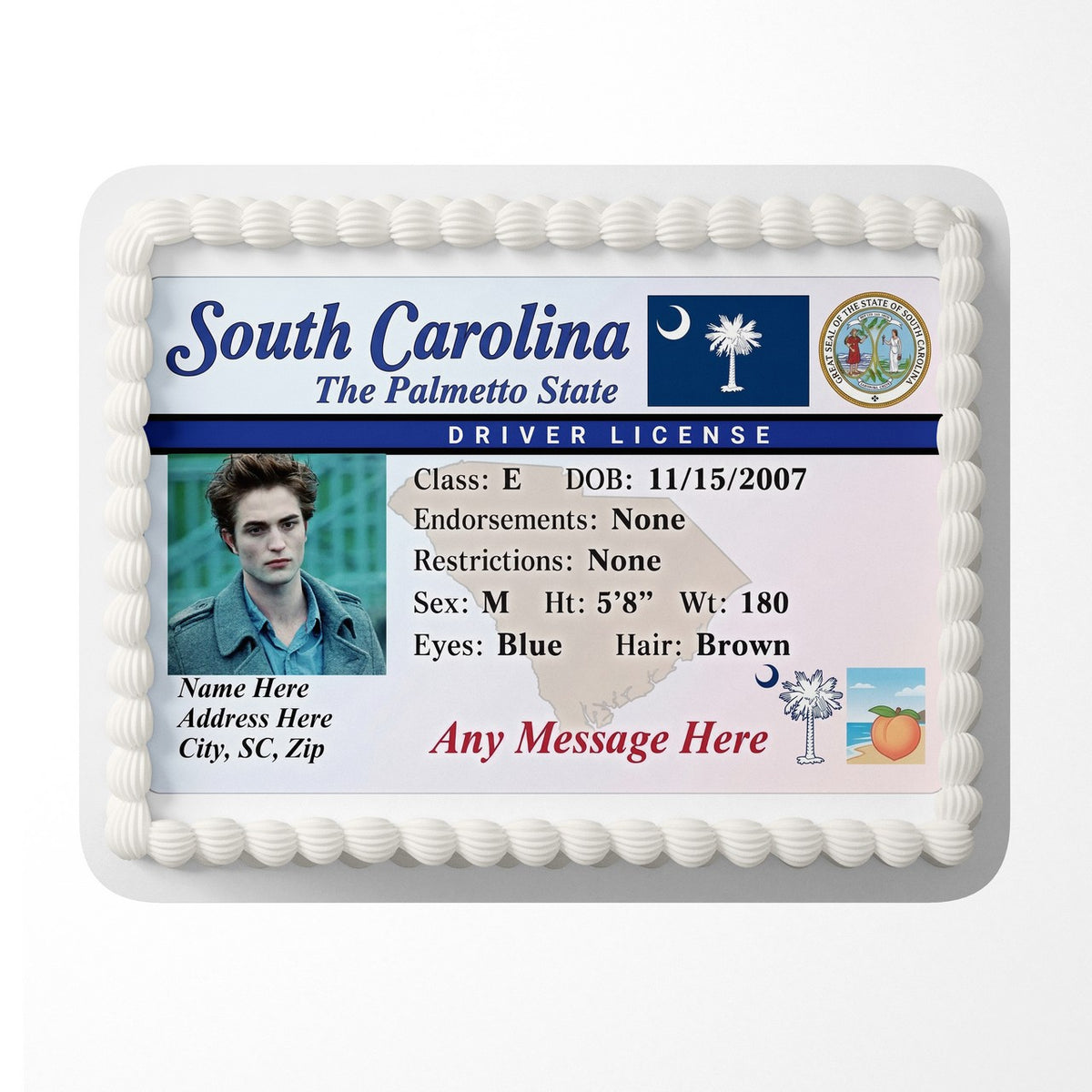 South Carolina Driver License Edible Cake Topper – Custom Photo Birthday Icing Sheet