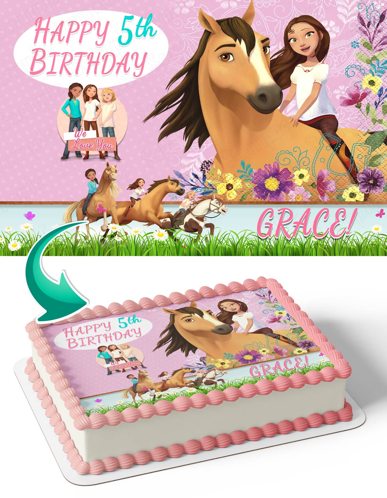 Spirit Riding Free Pink Floral Edible Cake Topper