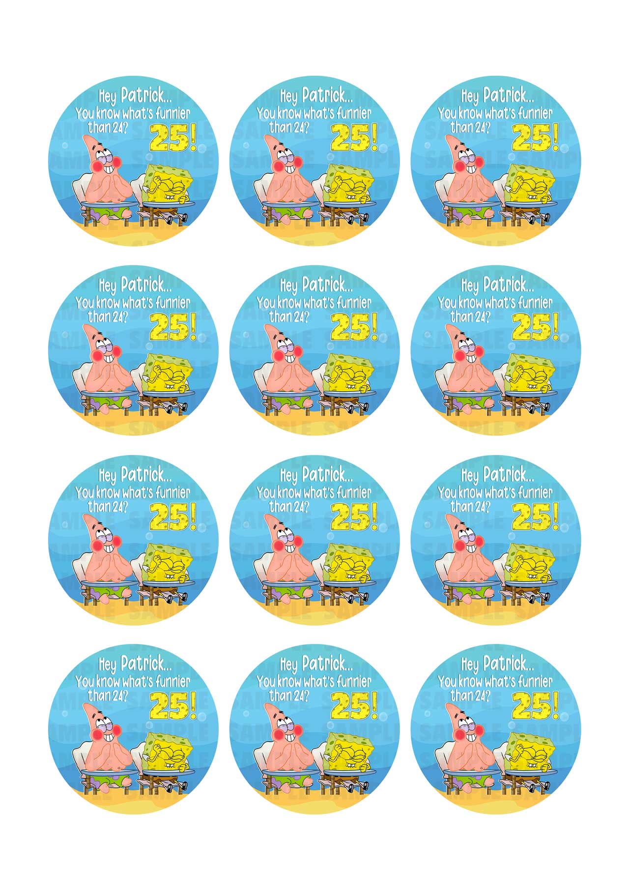SpogeBob Funnier Than 24 Edible Cupcake Toppers – Round Icing She - Edible Cake Topper | Icing Sheet | Birthday Cake Decoration