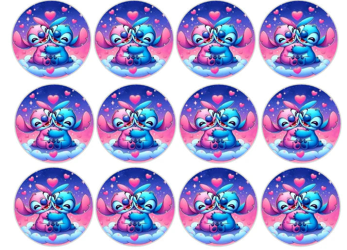 Stitch and Angel Hearts Edible Cupcake Toppers Icing Sheet or Wafer Paper