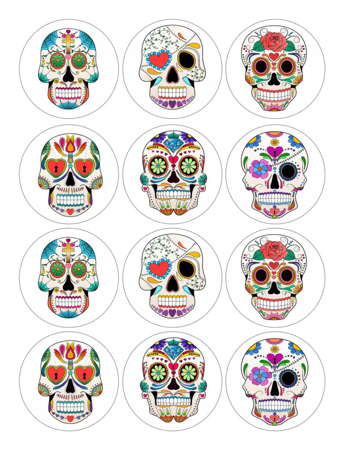 Sugar Skulls Dia Los Muertos Edible Cupcake Toppers Icing Sheet or Wafer Paper