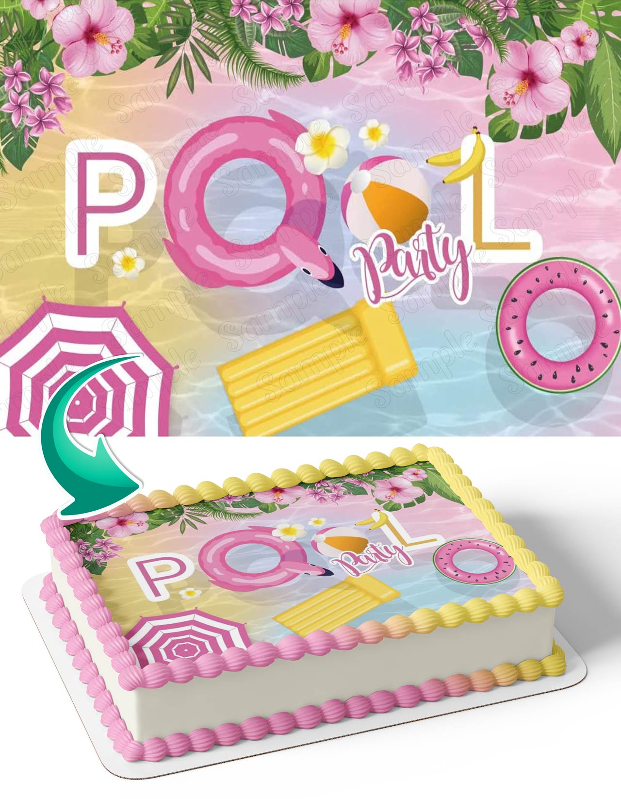 Summer Pool Party Pink Edible Cake Topper