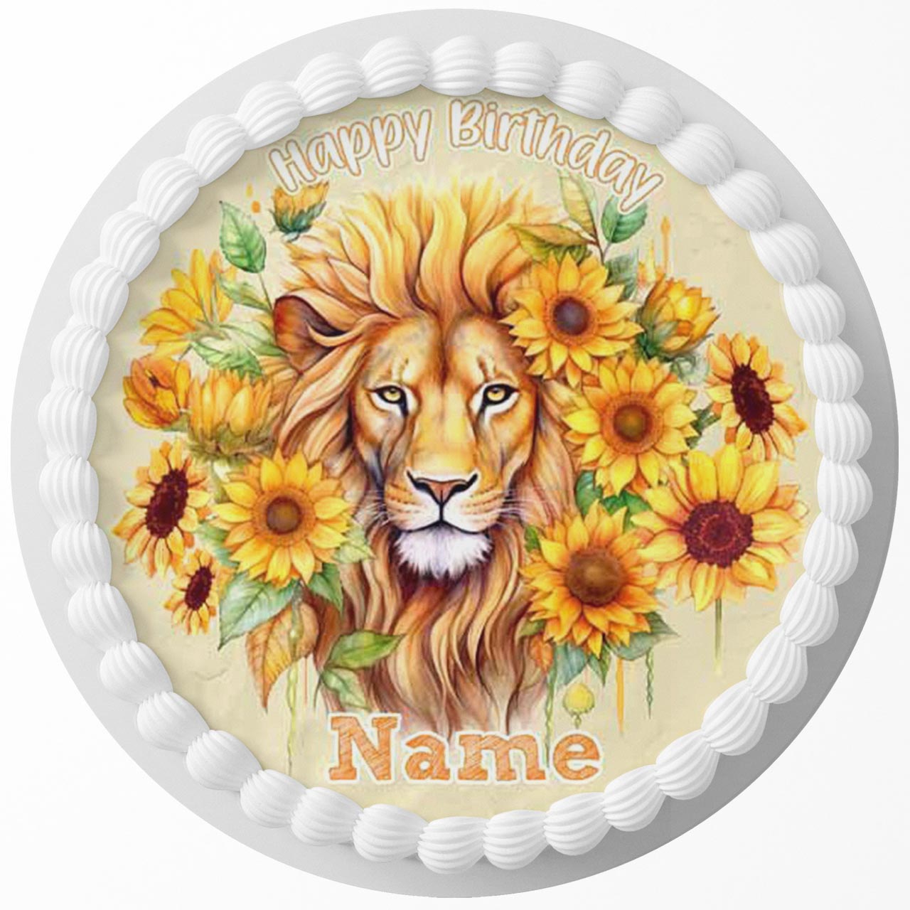 Sunflower Lion Floral Round – Icing Sheet Birthday - Personalized Edible Cake Topper | Custom Icing Sheet | Birthday Cake Decoration