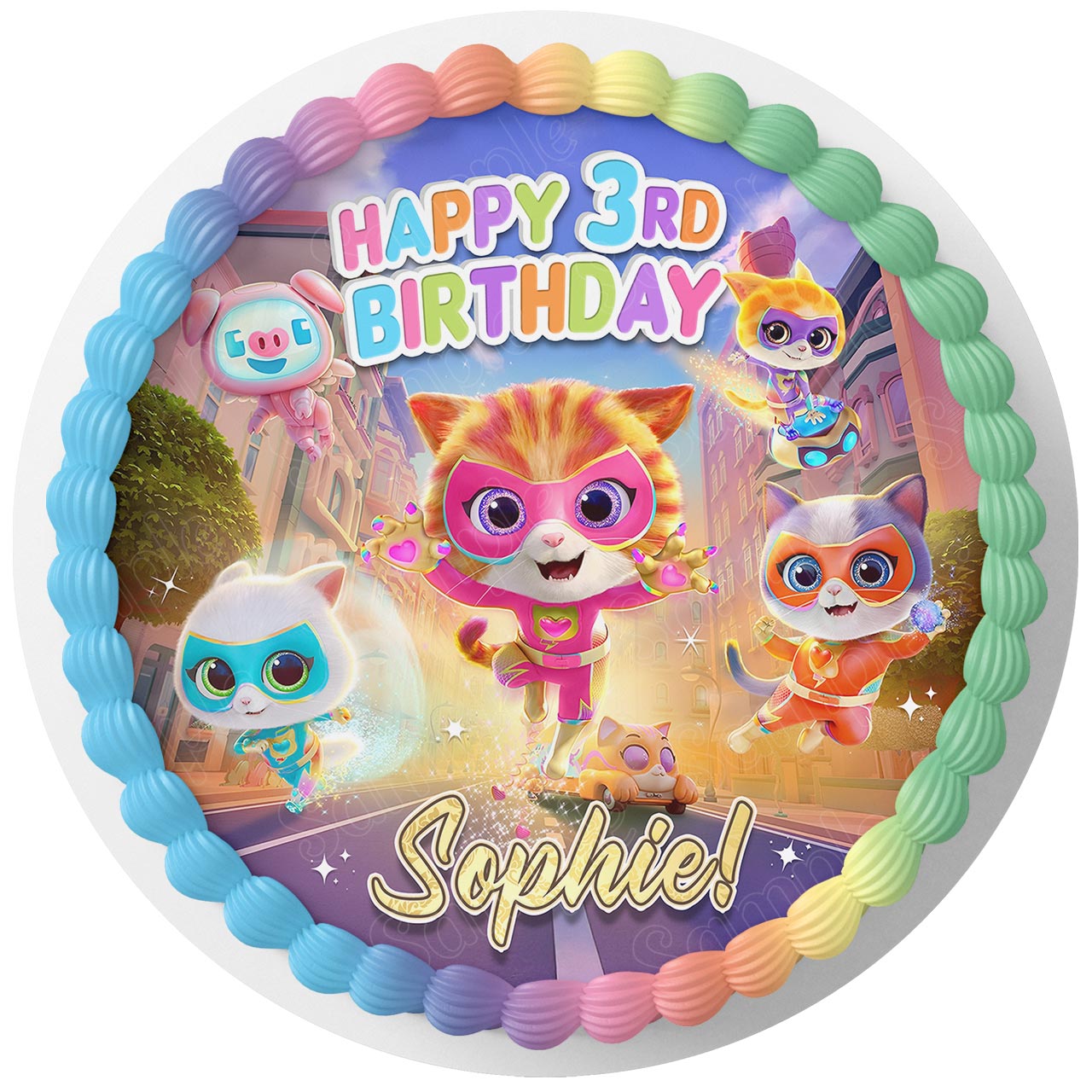 SuperKitties Ginny Sparks Buddy and Bitsy Round – Icing Sheet Bir - Personalized Edible Cake Topper | Custom Icing Sheet | Birthday Cake Decoration