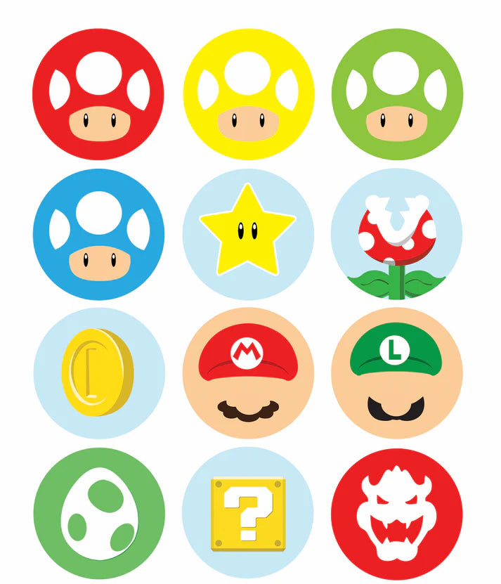 Super Mario Icons Mix Edible Cupcake Toppers Icing Sheet or Wafer Paper