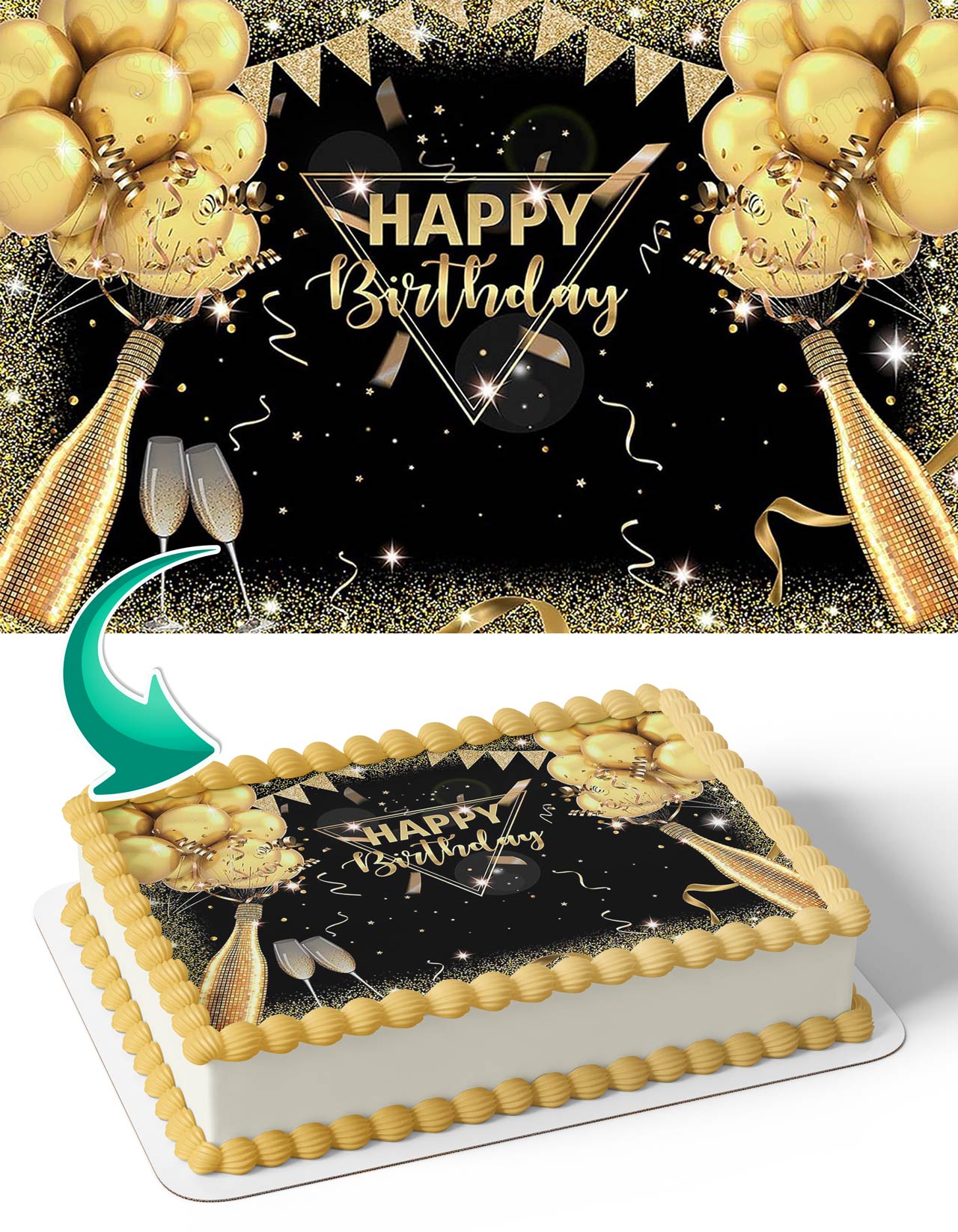 Surprise Balloon Champagne Glitter Black and Gold Edible Cake Topper
