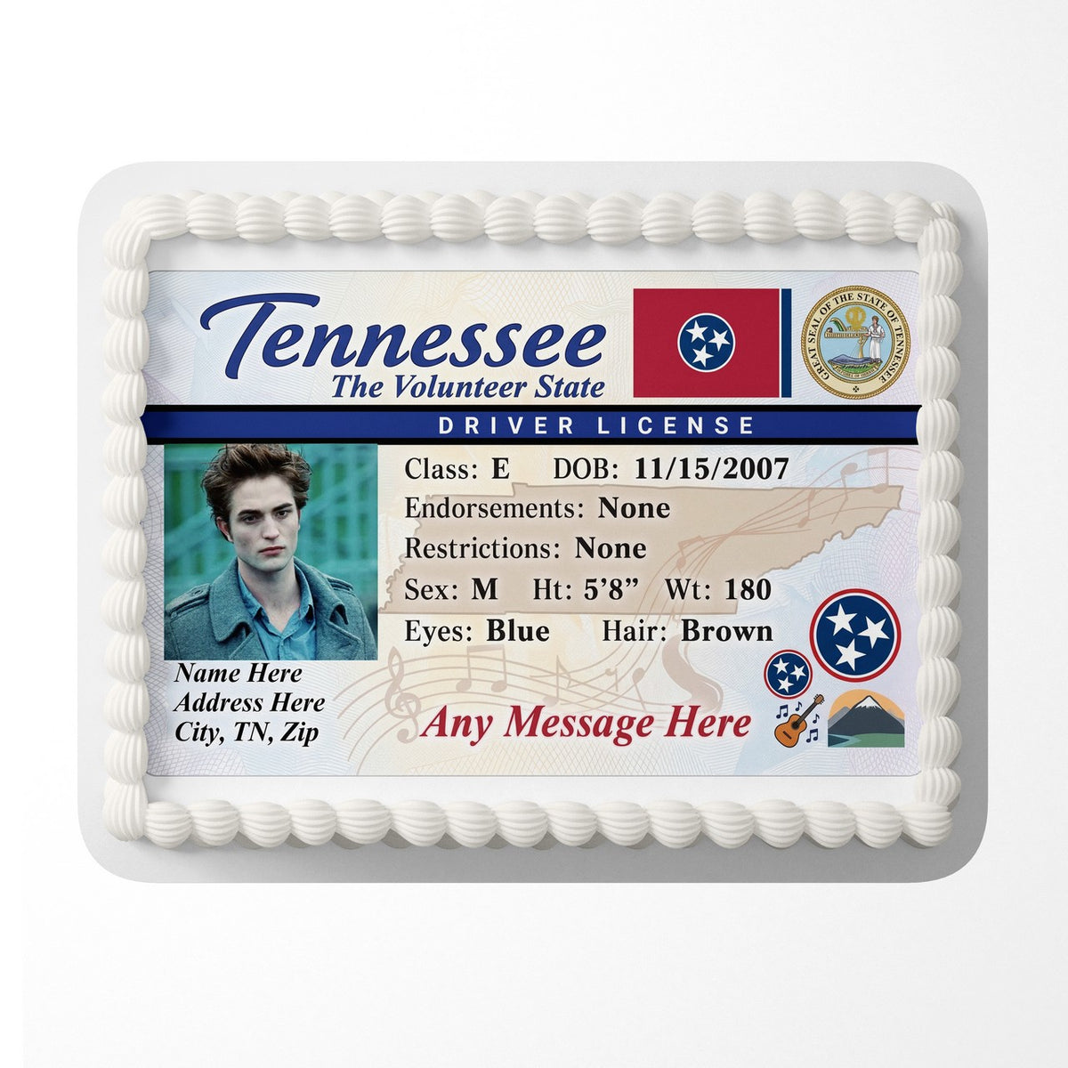 Tennessee Driver License Edible Cake Topper – Custom Photo Birthday Icing Sheet