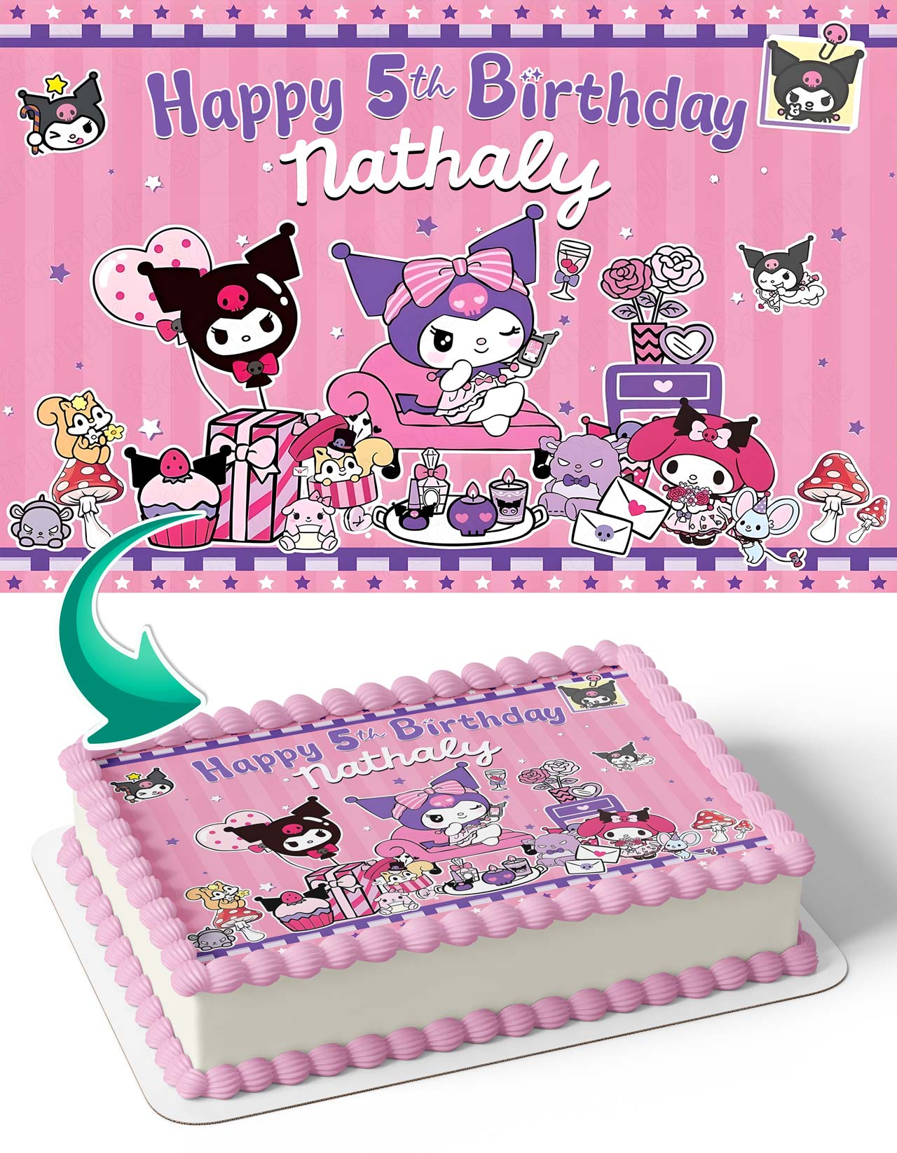 The Kuromi My Melody Kitties Kids Girls Hello Sanrio Purple Stars PPB Edible Cake Topper