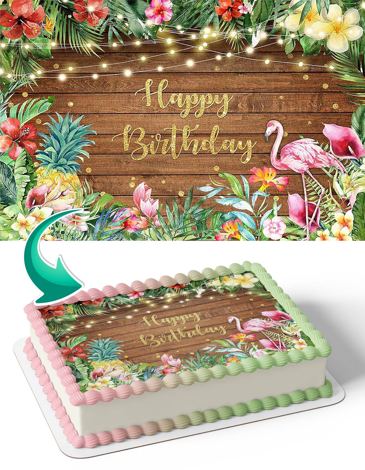 Tropical Flamingo Hawaiian Summer Wood Floral Leaves Lights Edible Cake Topper