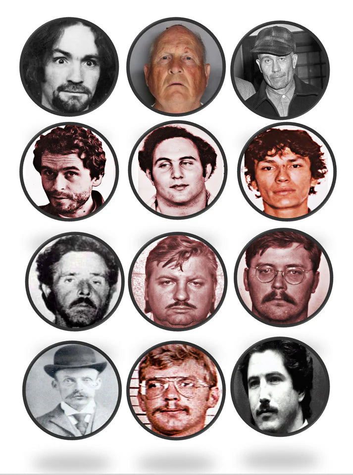 True Crime Serial Killers Mix 2 Edible Cupcake Toppers Icing Sheet or Wafer Paper