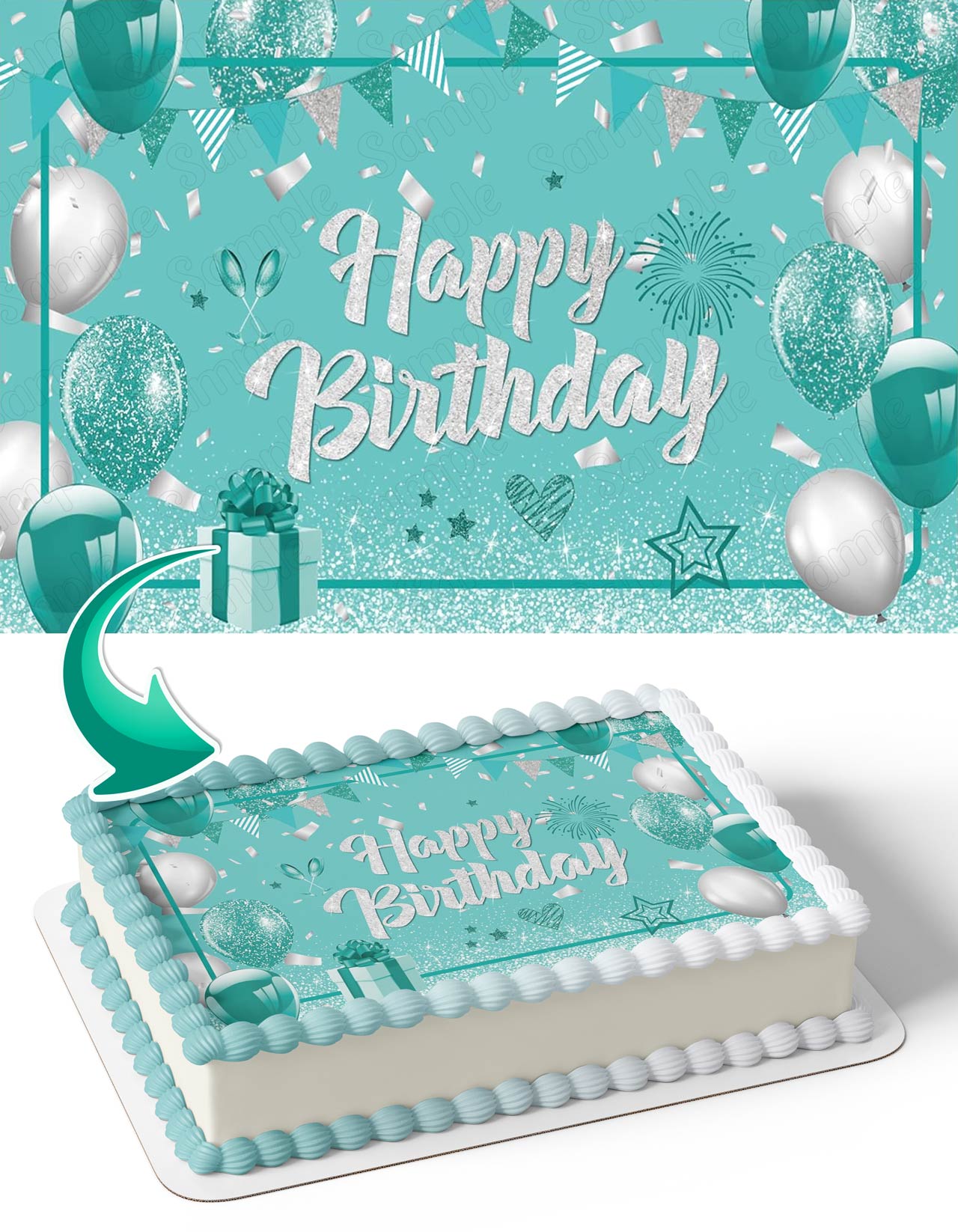 Turquoise and Silver Glitter Balloons Confetti Edible Cake Topper