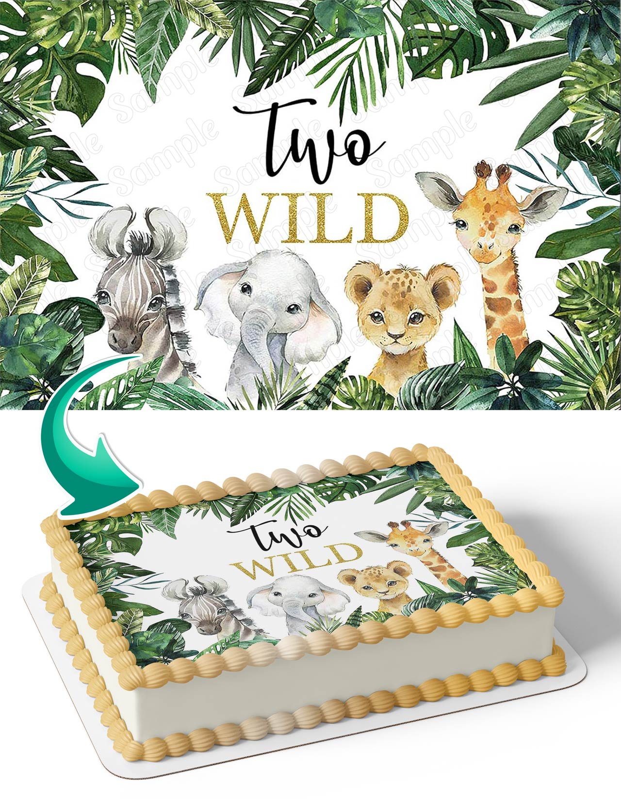 Two Wild Jungle Safari Animals Zoo Green Leaves Edible Cake Topper