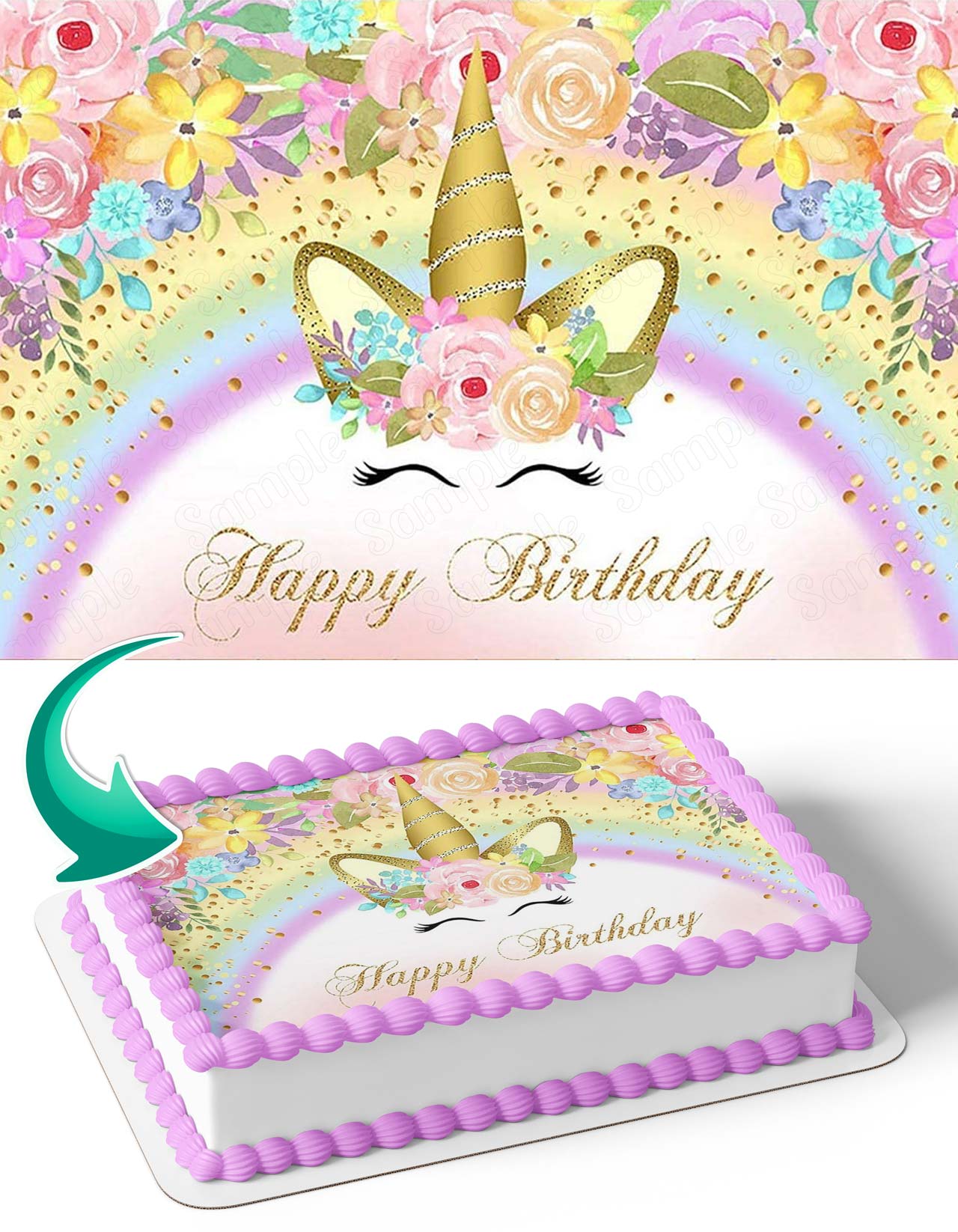 Unicorn Princess Rainbow Cute Girl Flowers Edible Cake Topper