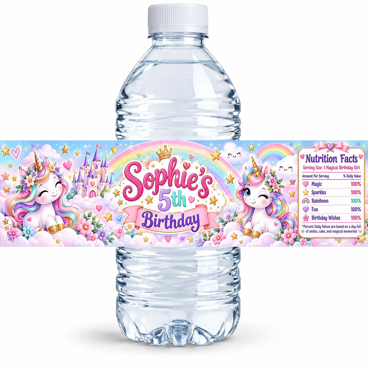 Custom Unicorn Rainbow Pink Cute Girls Water Bottle Label Sticker Birthday Decor Self Stick Wrapper