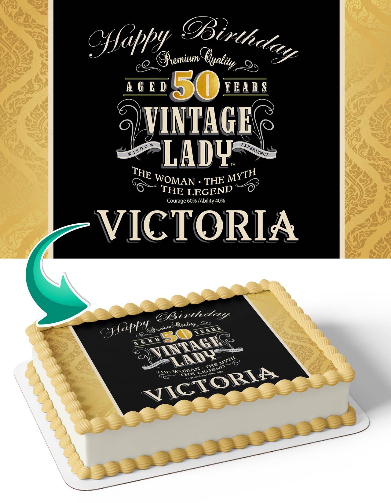 Vintage Lady Golden Black Theme Edible Cake Topper