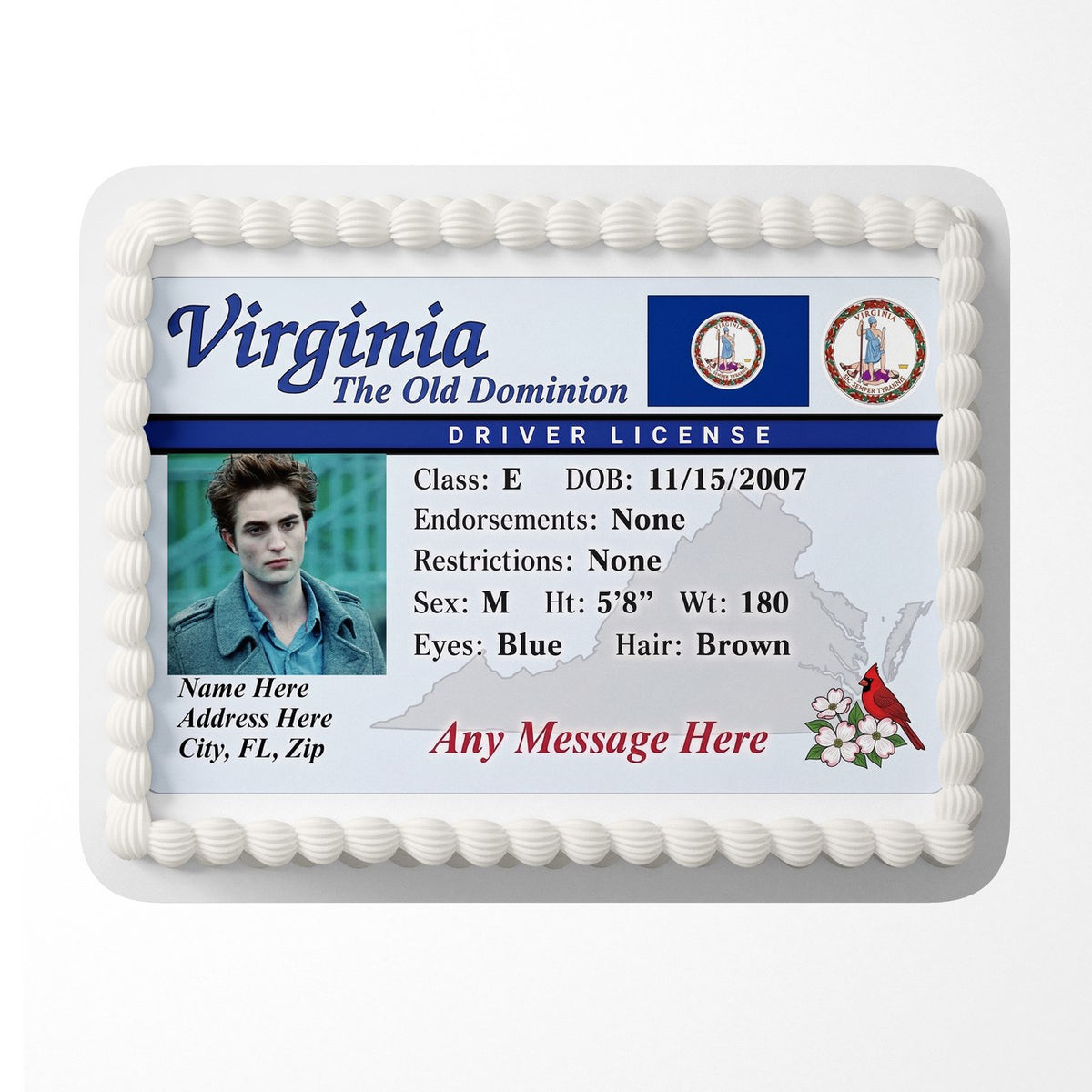 Virginia Driver License Edible Cake Topper – Custom Photo Birthday Icing Sheet