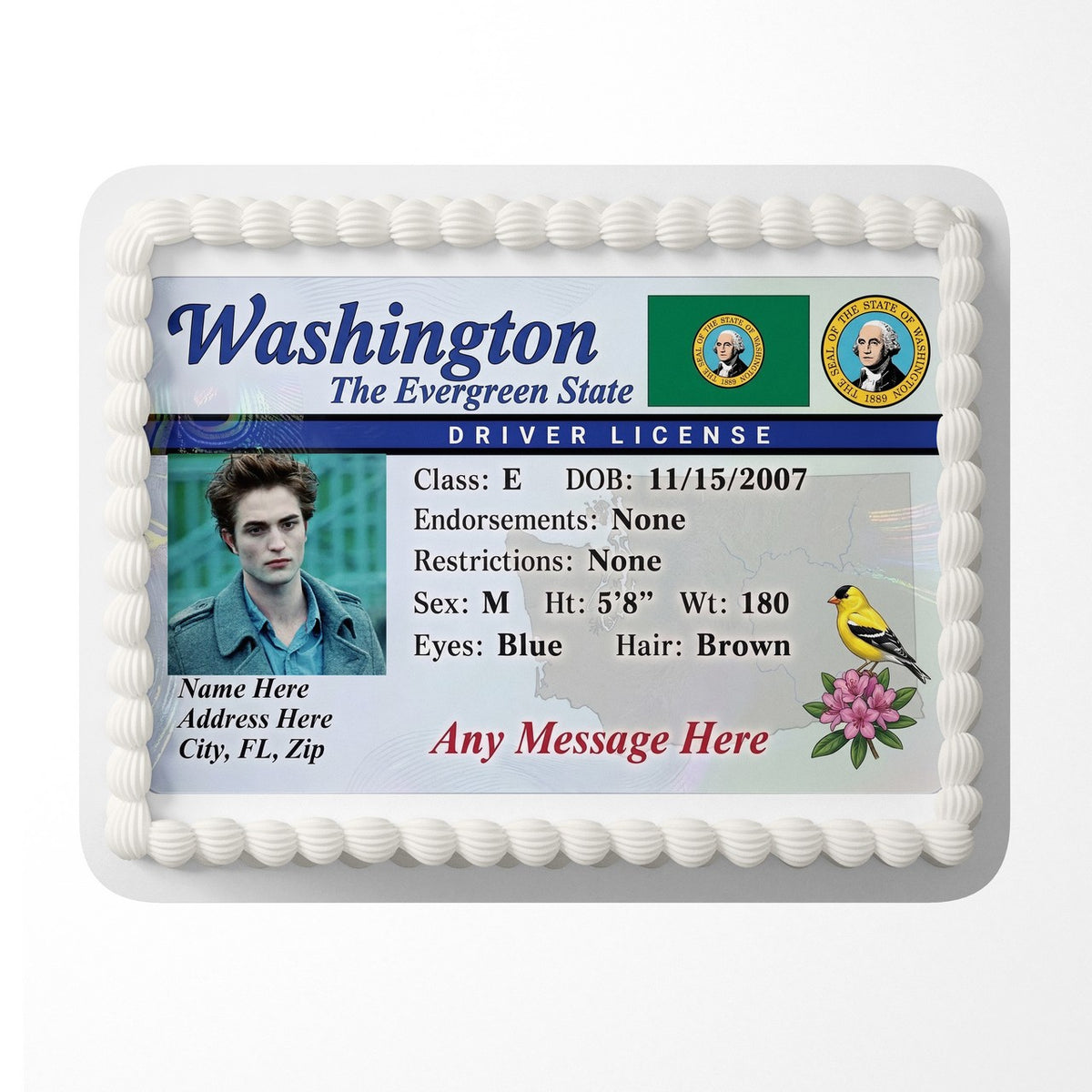 Washington Driver License Edible Cake Topper – Custom Photo Birthday Icing Sheet