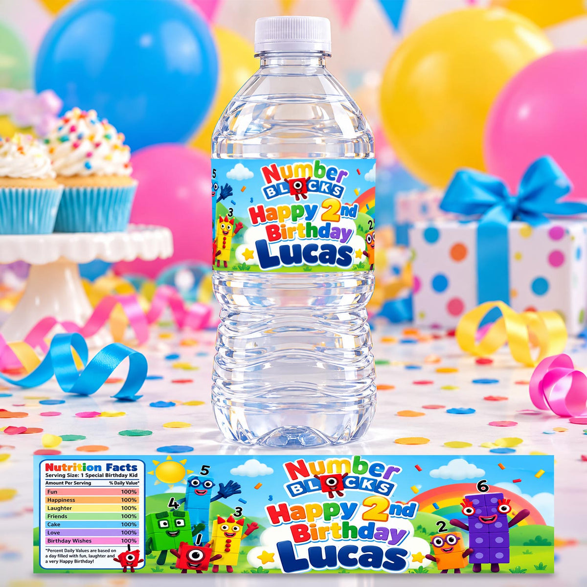 Custom Number Blocks Water Bottle Label Birthday Decor Self Stick Wrapper