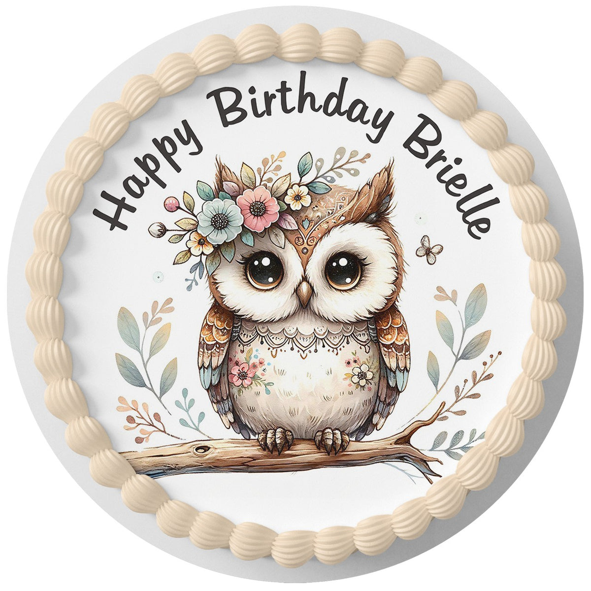 Watercolor Owl Edible Cake Topper Round Personalized Edible Cake Topper | Custom Icing Sheet | Birthday Cake Decoration